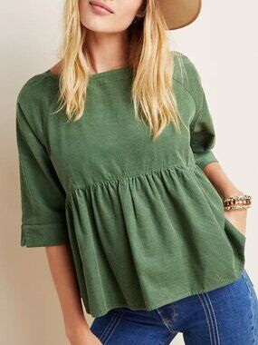 Anthropologie Maeve Marie Babydoll Top In Green Corduroy Size XXS